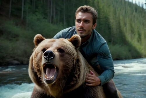 Boy riding a grizzly bear